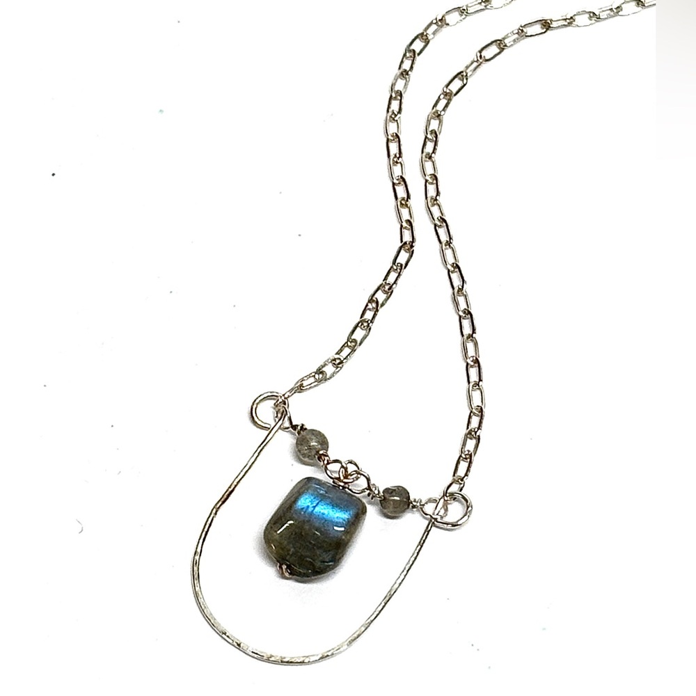 HAND CRAFTED Sterling Silver & Labradorite Modern Bar Necklace, Handmade Jewelry